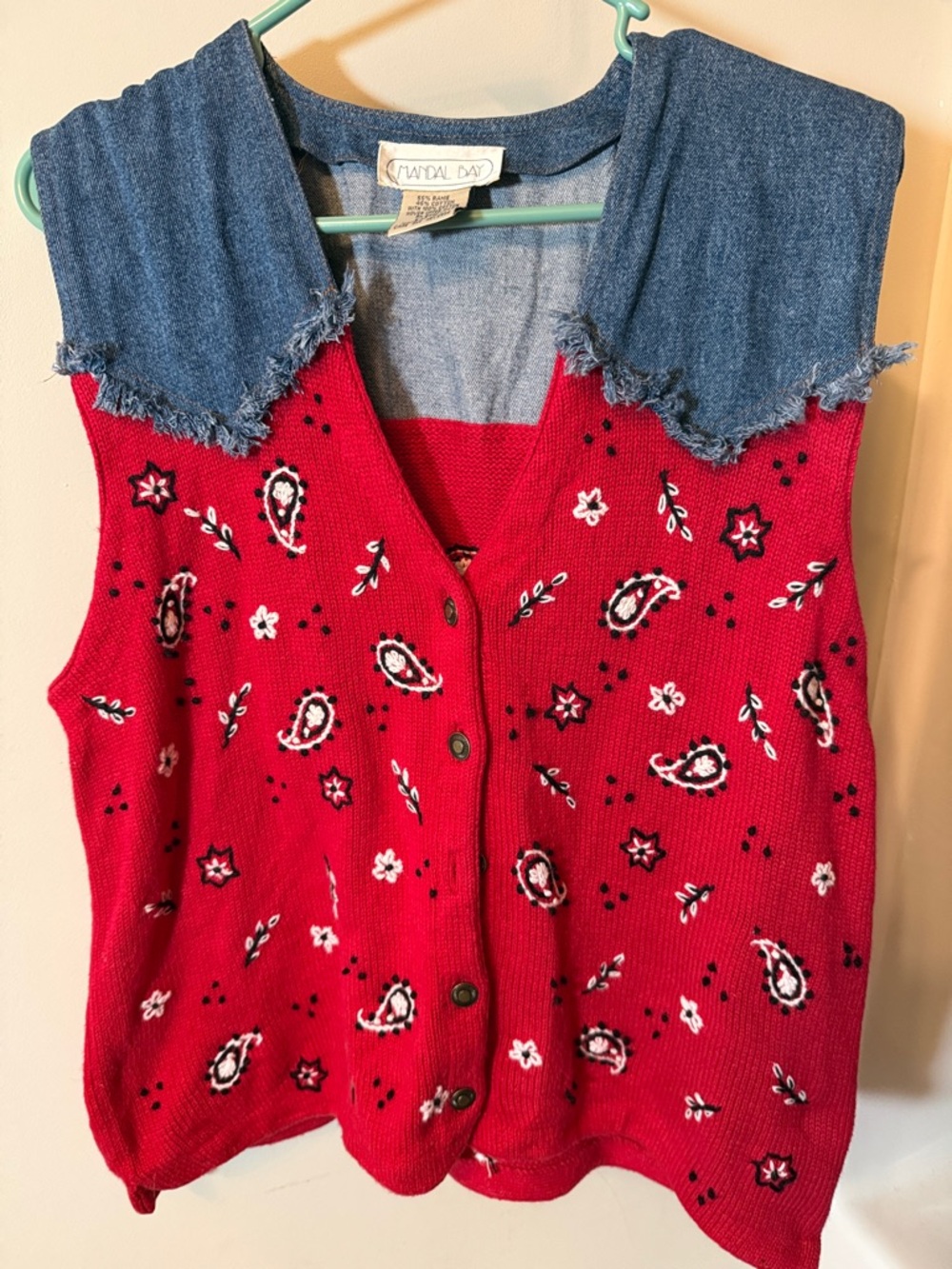 Red Paisley Knit Vest with Denim Collar by Mindal Day